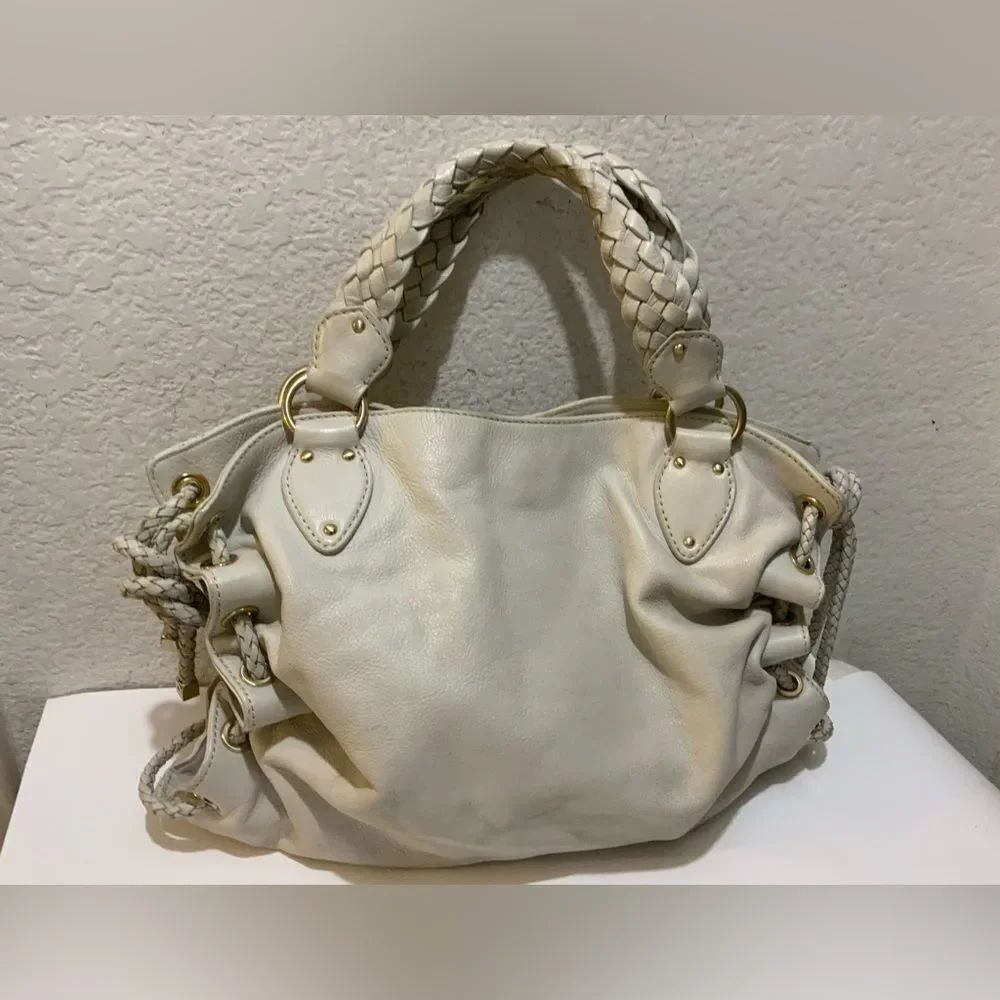 MICHAEL KORS Cream Pebbled Leather  Satchel Tote Bag  PEBBLE LEATHER WOVEN